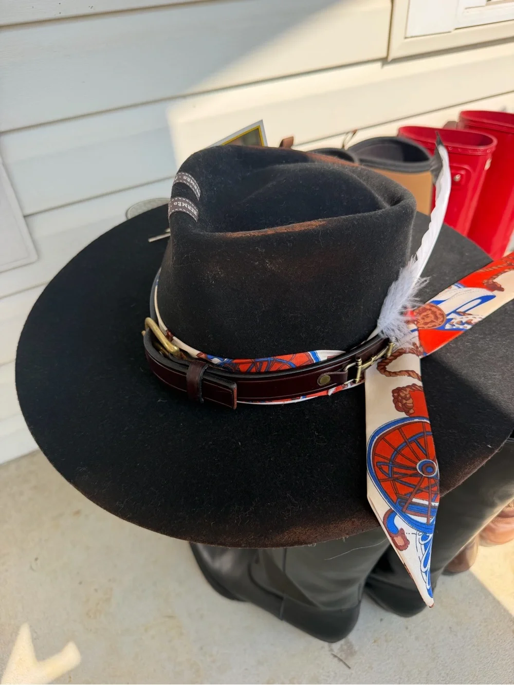 Custom Black Hermes Felt Fedora with Multicolor Scarf Band and Feather
